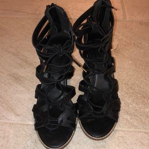 Black strappy block heels. Size 8.